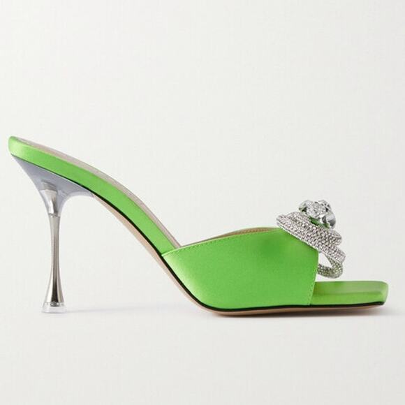 MACH & MACH Double Bow Crystal-Embellished Satin Mules Green Women Size 40 / 9.5 - Picture 2 of 8